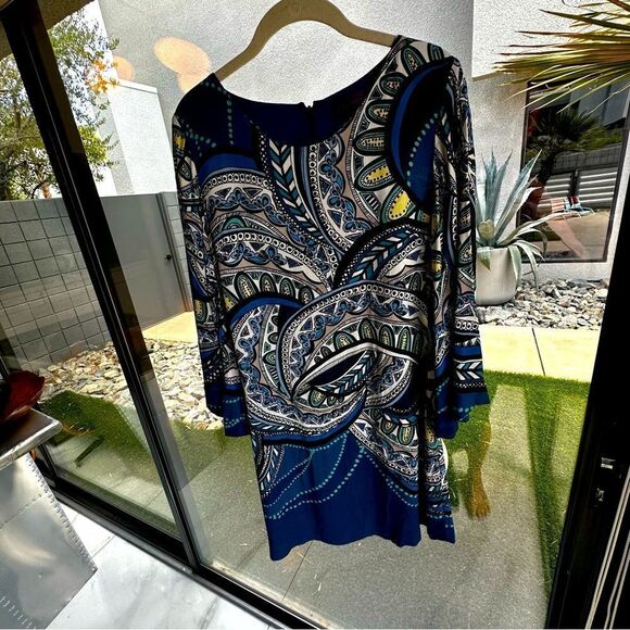 HALE BOB silky long sleeve blue paisley shift dress size M - Picture 1 of 9